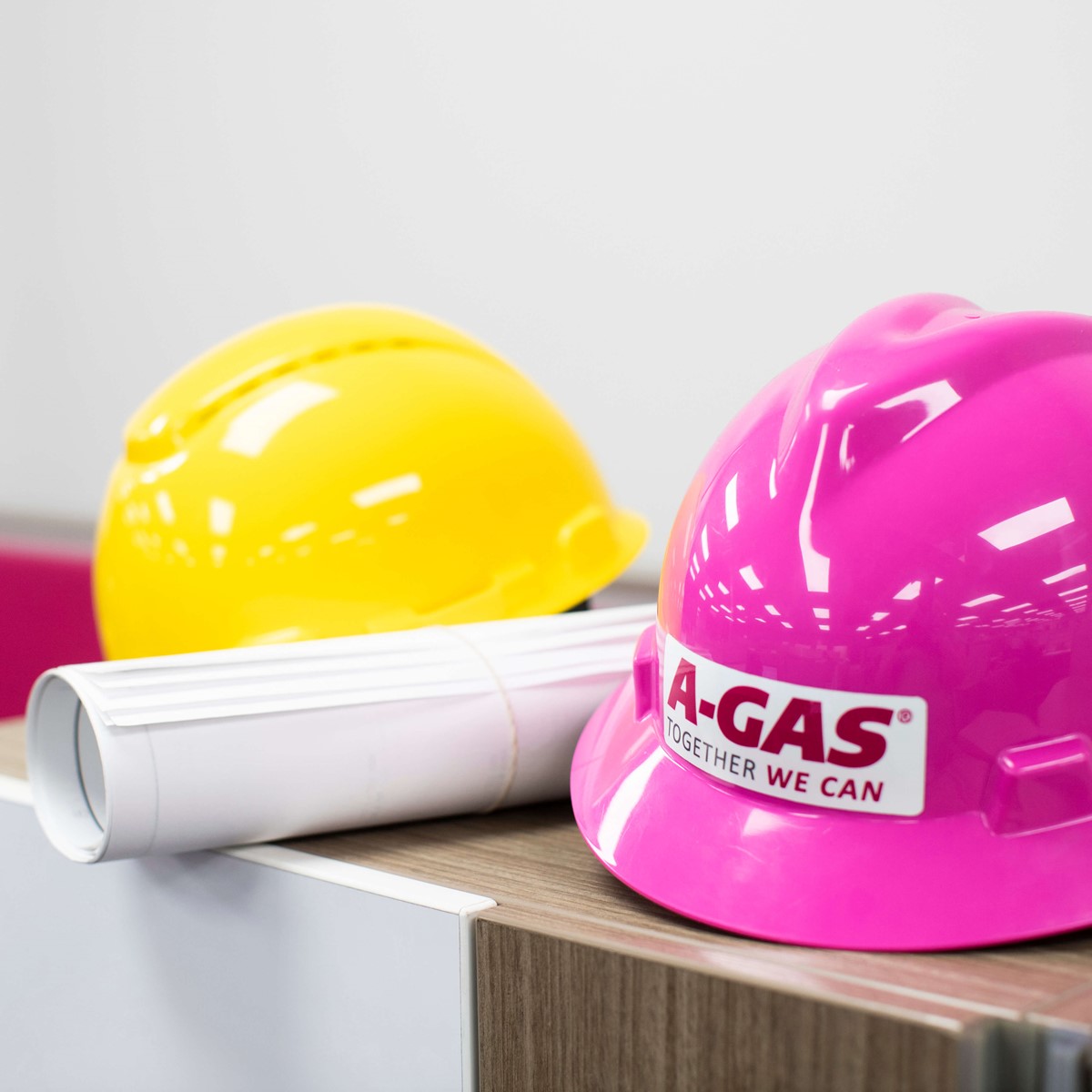 A-Gas branded hardhats in a cowboy hat style